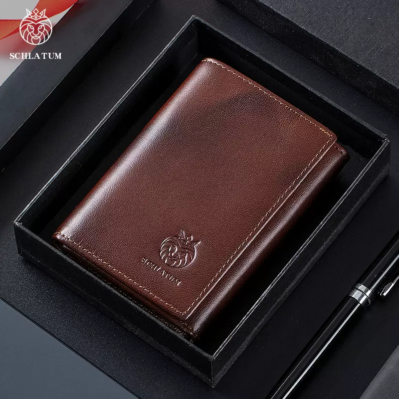 狮莱顿头层牛皮RFID防盗刷三折钱包男款短款真皮复古跨境男士钱夹