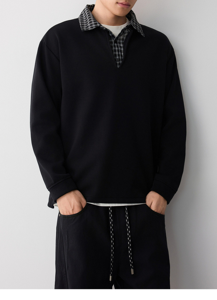 Áo hoodie nam nỉ hai lớp cổ lạnh kiểu giả hai lớp — đen chi tiết 19