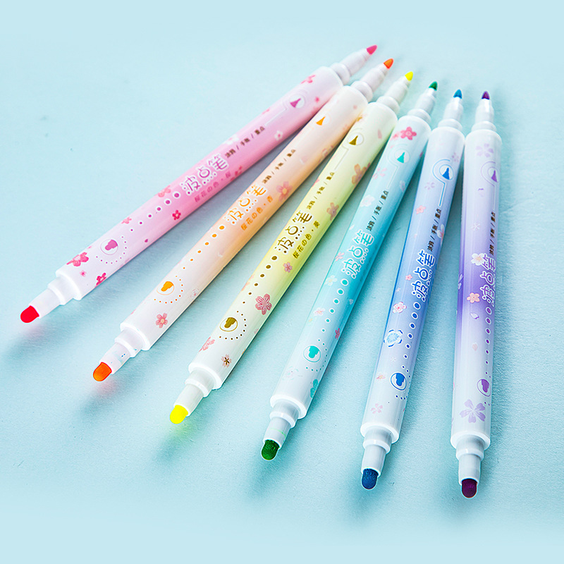 HD35-6 de 6 colores de doble cabeza resaltador creativo de dibujos animados flor de cerezo Polka Dot pen DIY diario pluma marcado pintura pluma