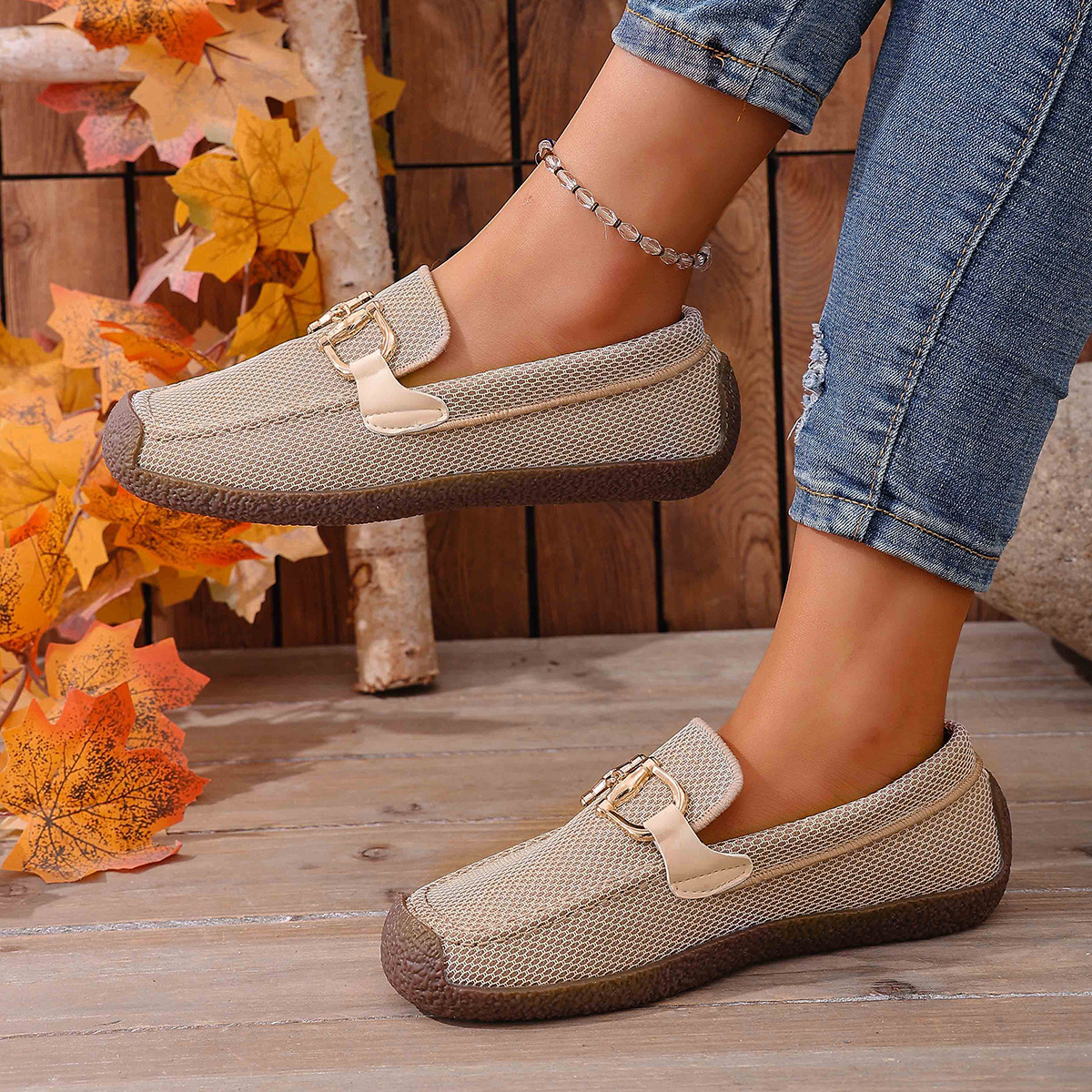Comfortable Metal Chain Slip-On Casual Loafers Women's Flat Cross-Border Easy Wear Spring New Style_vogvips.com