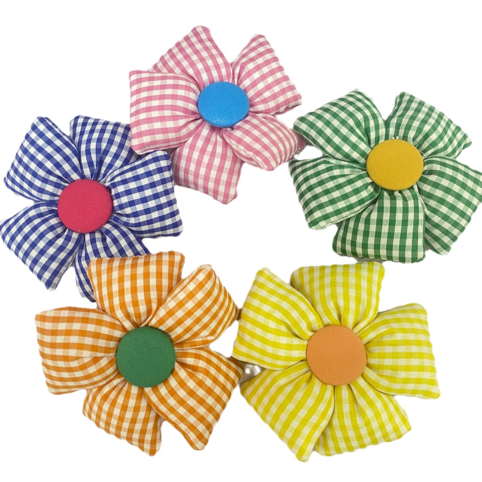 diy五瓣花布艺充棉手工花配饰 格子花衣服辅料配件可定 制