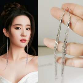 网红款超长流苏通体S925银耳环通体银亮片超闪女神范流苏耳环20CM
