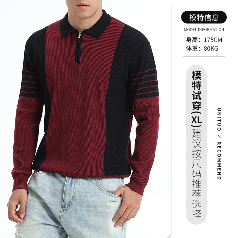 Cross-border hombre otoño invierno medio cremallera suéter de solapa hombre de negocios ocio rayas contraste polo suéter de punto