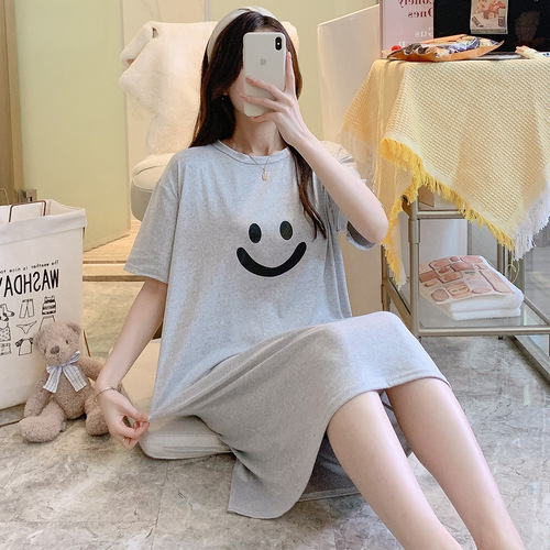 Korean nightgown for women summer short-sleeved long popular cartoon cute simple smiling face can be worn outside ins large size pajamas