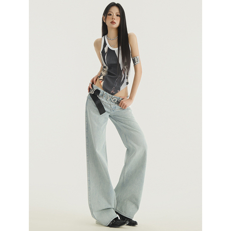 Women's clothing # Simple Light-Colored Washed Low-Waist Straight-Leg Jeans for Women, Summer 2025, Drapey and Slimming Floor-Length Pants Women's clothing # Simple Light-Colored Washed Low-Waist Straight-Leg Jeans for Women, Summer 2025, Drapey and Slimming Floor-Length Pants