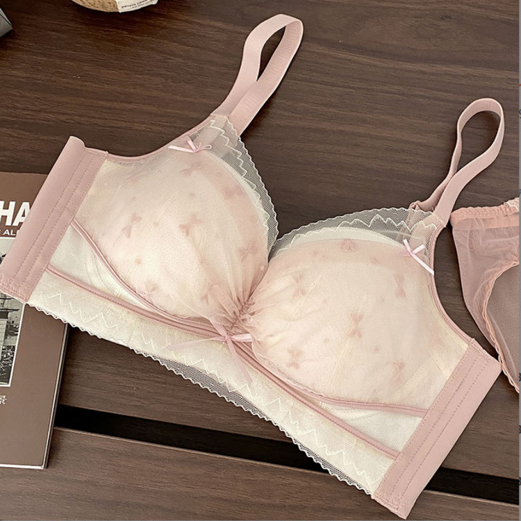 2355 Luz de lujo dulce encaje chica ropa interior las mujeres cómodo inalámbrico proteína pequeño pecho engrosado push up BRA traje