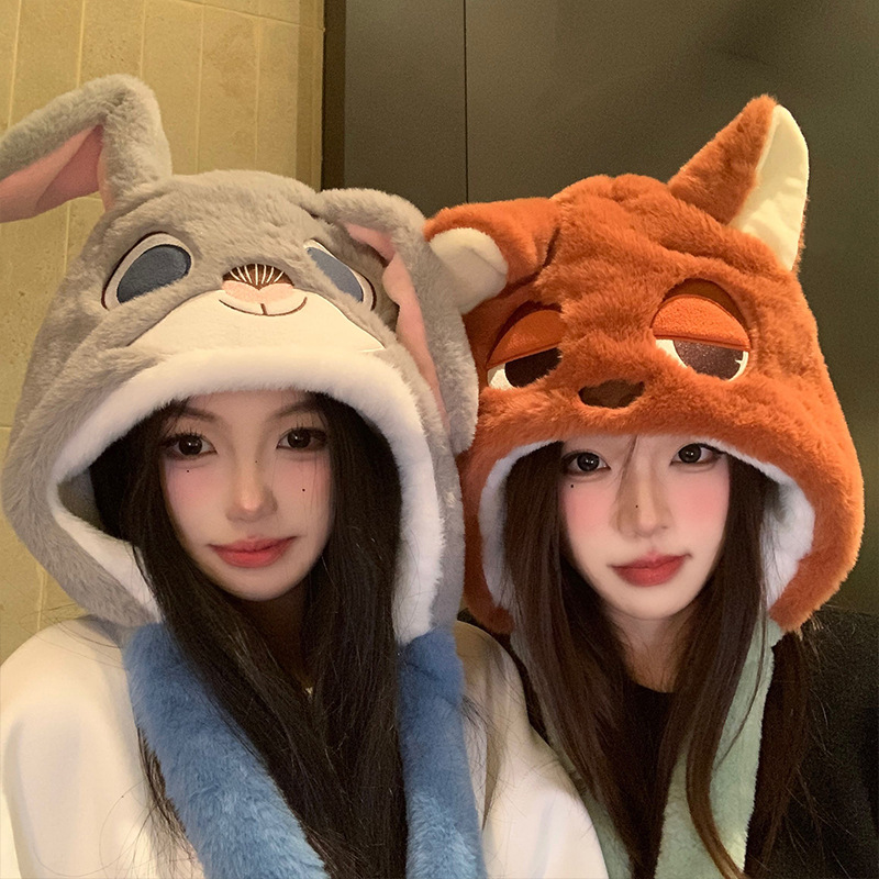 여우 토끼 동물 털모자 목도리 일체형 겨울 방한모자