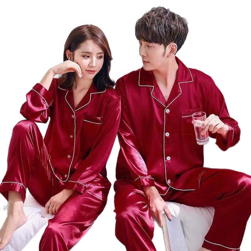 Factory Spring and Autumn Couple Pajamas Women's Summer Ice Silk Thin Men's Imitation Silk Long and Short Sleeve Home Suit Factory Spring and Autumn Couple Pajamas Women's Summer Ice Silk Thin Men's Imitation Silk Long and Short Sleeve Home Suit