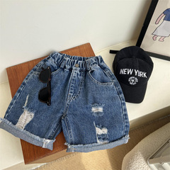Beggar Wind Summer Children's American Style Denim Frayed Mid-Crotch Jeans for Boys and Girls, Retro Matchable Denim Short Pants