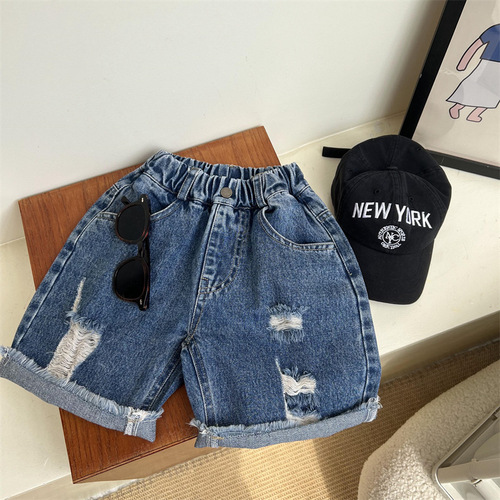 Beggar Wind Summer Children's American Style Denim Frayed Mid-Crotch Jeans for Boys and Girls, Retro Matchable Denim Short Pants
