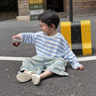 儿童条纹卫衣2025春夏季新款男女童长袖版条纹圆领宽松防晒打底衫