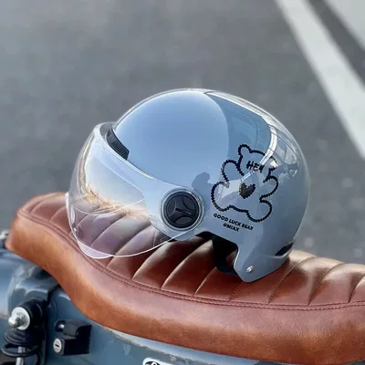 cute, universal half helmet, motorcycle safety — Motosiklet kaskı (dəbilqə) - brown-bear-gray-high-definition-transparent-short-lenses-3c-certified-rainproof-one-size-fits-all-unisex-head-circumference-53-60cm