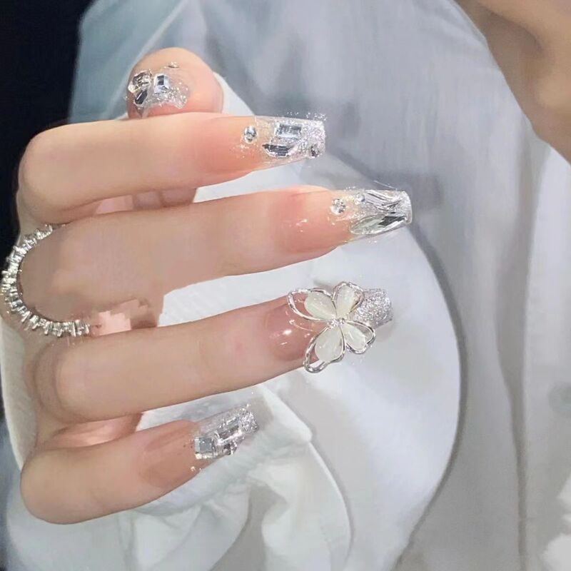Handmade Fake Nail Nail Patch Flash Silver Diamond Cat's Eye Bow Wear Nail Finished Repeatedly Removable