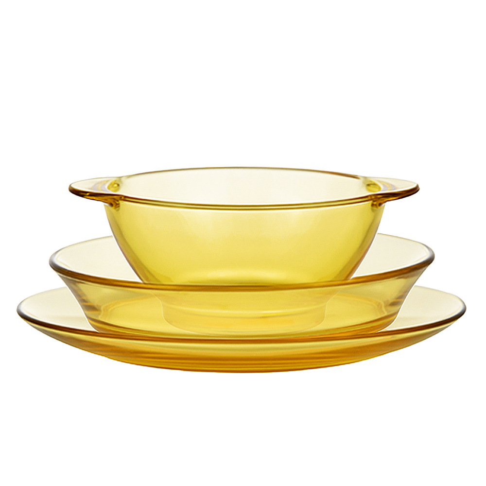 高硼玻璃 晶彩透明餐具耐热玻璃琥珀色碗深盘浅盘 家用双耳碗菜盘