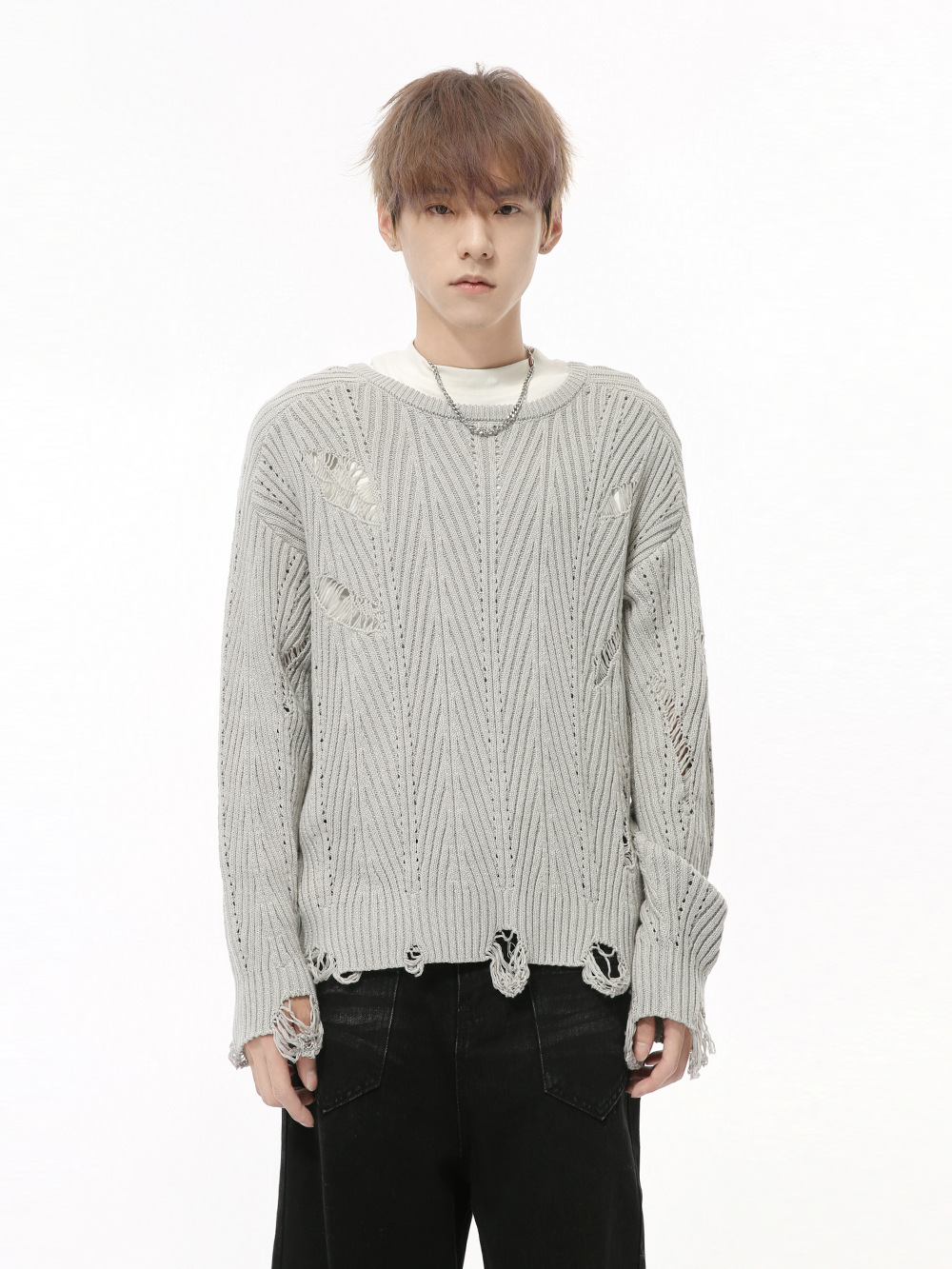 MTLCLOTHES Hombres| Otoño nuevo nicho retro irregular agujero de borda de jersey de punto de moda