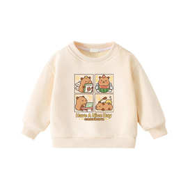 韩版可爱卡皮巴拉水豚君印花洋气一体绒卫衣儿童圆领加厚长袖上衣