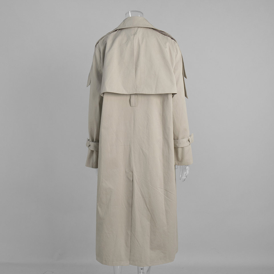 Áo khoác trench coat nữ dáng dài phong cách Âu Mỹ, chất liệu cotton, form rộng có dây thắt eo — Màu kaki, màu xám chi tiết 5