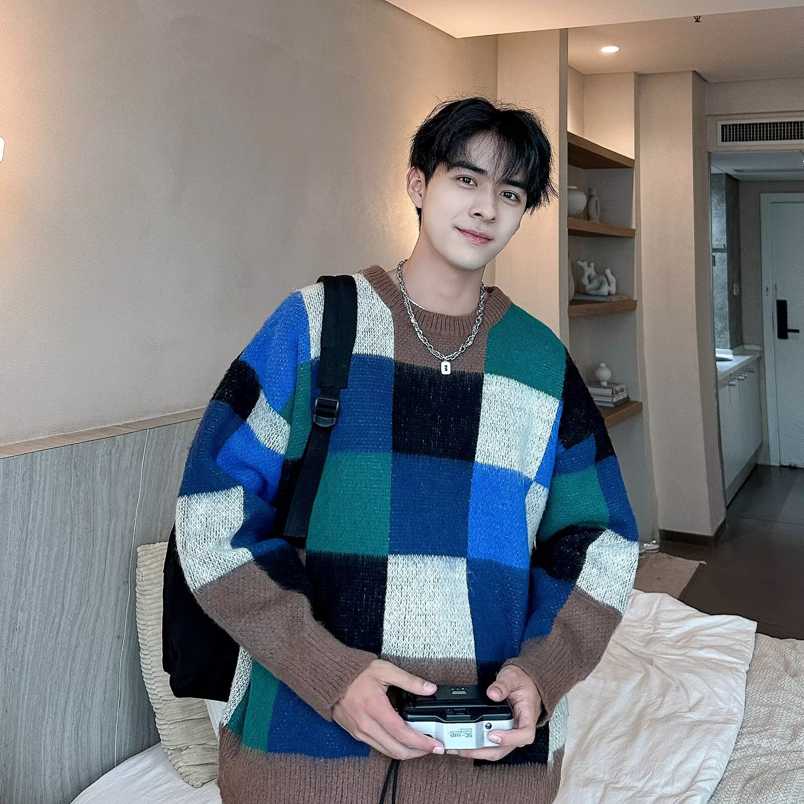 Suéter de tablero de ajedrez de Navidad para hombres invierno de alta calidad camiseta de punto suelta perezosa americana chaqueta de hilo retro