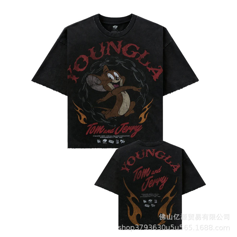 Youngla纯棉水洗肌肉运动宽松健身夏季短袖双面印花t恤休闲百搭|undefined