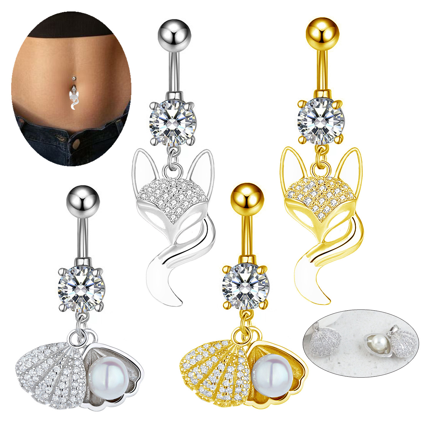 亚马逊跨境电商新款狐狸贝壳镶锆石肚脐环不锈钢人体穿刺饰品脐环