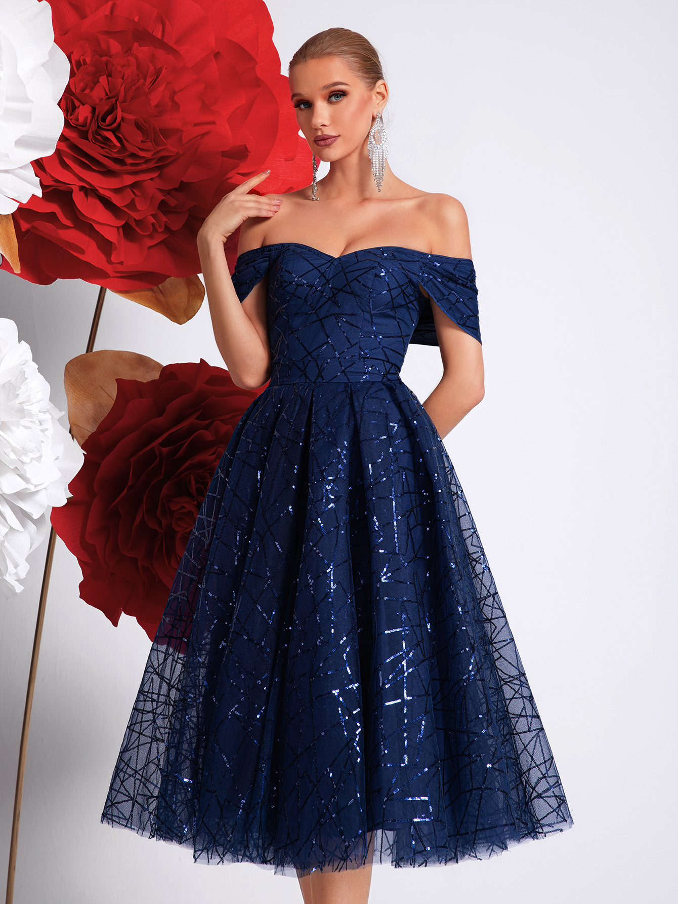 Transfronterizo Amazon nuevo temperamento cielo estrellado fino vestido de noche elegante de fiesta de mujer superior de tubo de lujo ligero