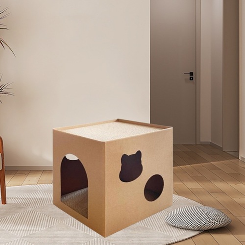 Square Cat Bed Wholesale Manufacturer with Built-in Corrugated Paper Replaceable Scratching Post for Cats - Foldable Cat House
