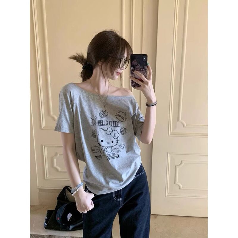 White Niche Hello Kitty Print Round Neck Summer Short-sleeved Women's Cotton T-shirt Couple's Casual Loose Top Ins Trendy