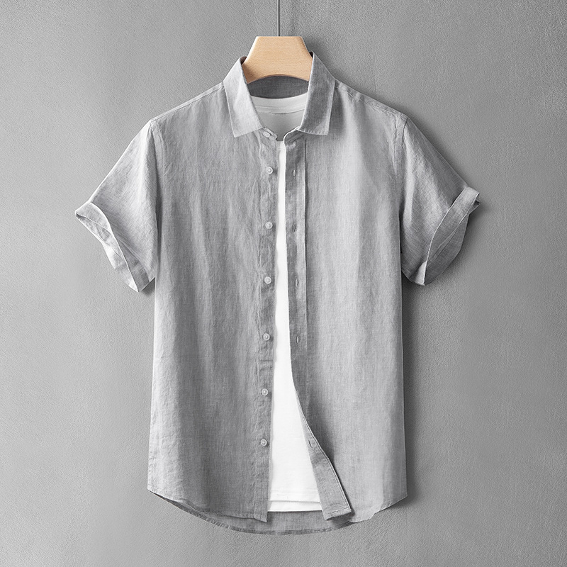 Summer Thin Solid Color Linen Short-sleeved Shirt Jacket Men's Casual Cotton and Linen Shirt Linen Clothes Outer Wear Top