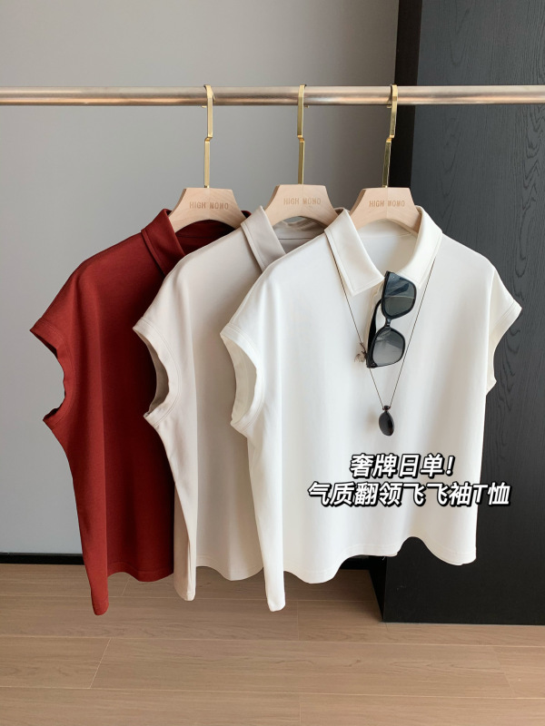クラシックMIUシリーズ~カスタムコットンラペルハーフカーディガンラグランスリーブ無地気質半袖Tシャツレディース夏25|undefined