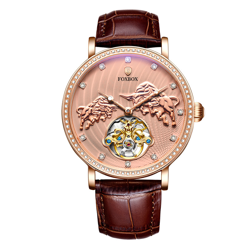 FOXBOX FB0003 nuevo cinturón Bull Hollow movimiento mecánico automático personalidad moda reloj de los hombres