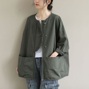 Large Size Artistic Crewneck Coat Women's Short Loose Casual Top Autumn Overalls Jacket Korean Style Large Pocket Coat