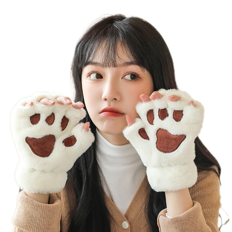 可爱熊掌毛绒半指手套女冬季户外加厚保暖防寒学生卡通猫爪手套|undefined