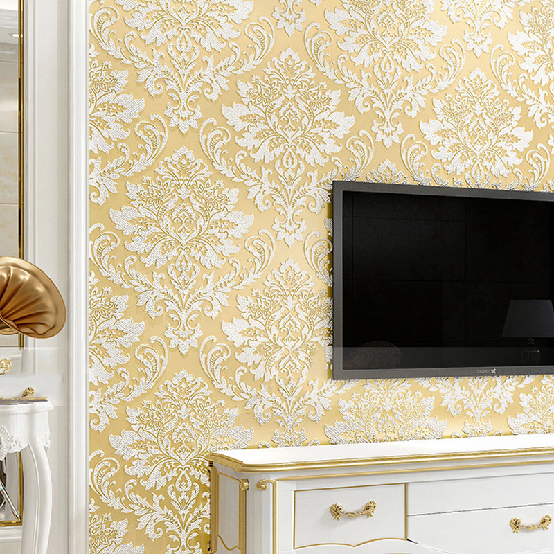 European style Damascus Non-woven wallpaper a living room TV backdrop 3D three-dimensional relief wallpaper household bedroom