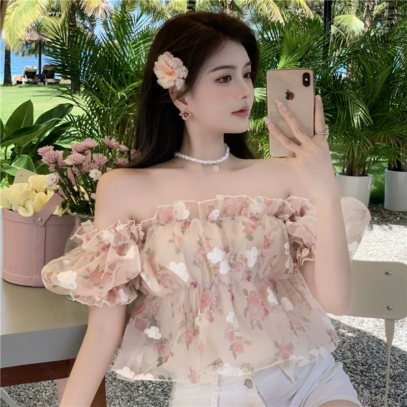 Молочно-сладкий цветочный топ с открытыми плечами, женская летняя Чистая Горячая шифоновая рубашка с пышными рукавами для девочек, дизайн, облегающая Талия, маленькая рубашка