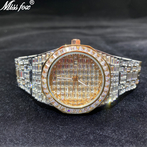 MISSFOX watch foreign trade European and American fashion big-name square diamond full diamond luminous waterproof quartz men's watch