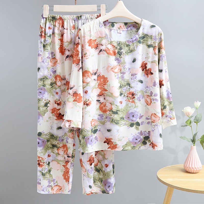 女性用綿シルクパジャマ、夏用薄手、中高年ママ、ゆったり綿シルクホーム服、七分袖お出かけスーツ|undefined