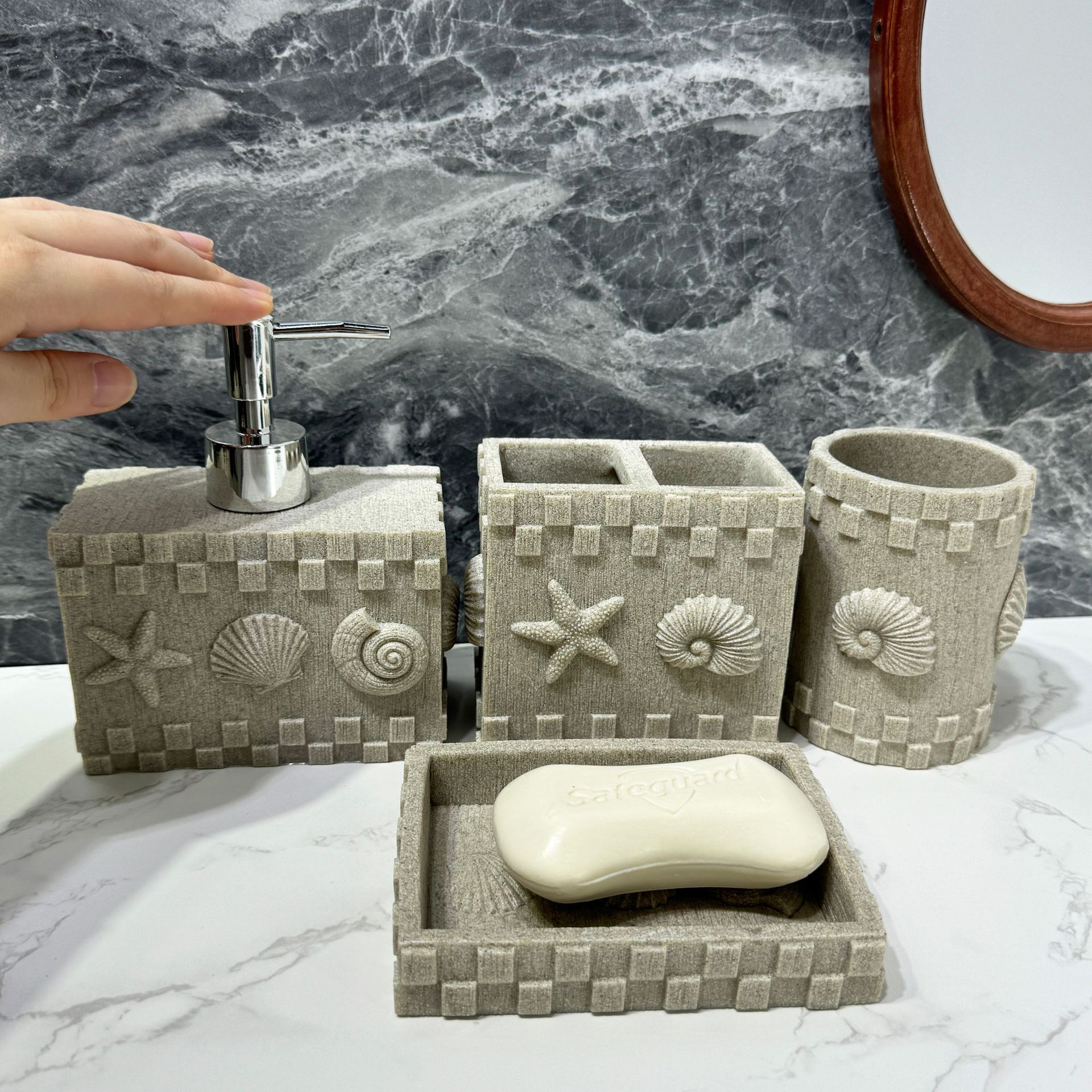 Conchas de piedra arenisca imitación diseño de baño set de baño de resina hotel set de cuatro piezas decoración de baño taza