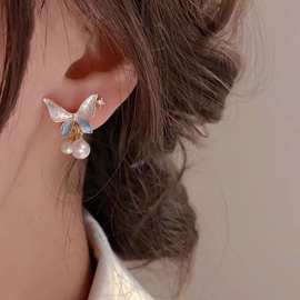 新款滴油蓝白色蝴蝶银针耳环时尚个性温柔气质简约优雅百搭耳饰