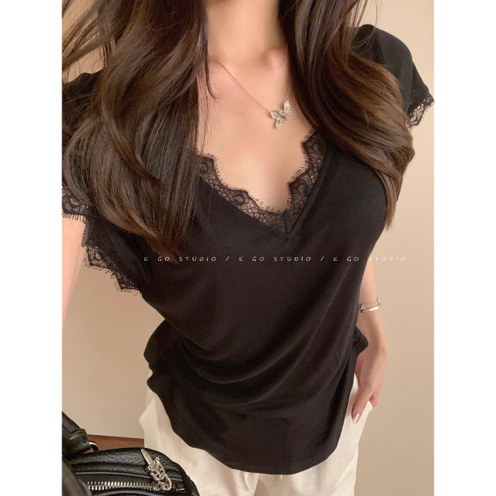 深いvレースはtシャツの女性の夏の薄いタイプの2025ゆったりした白いtの底のシャツのデザイン感の上着の半袖の甘いギャルをつなぎます。|undefined