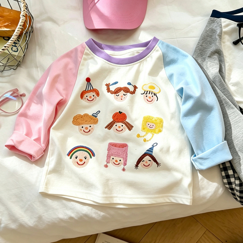 Color-blocked cartoon nine-print hat for girls, children's long-sleeved T-shirt, spring and autumn pure cotton round neck top