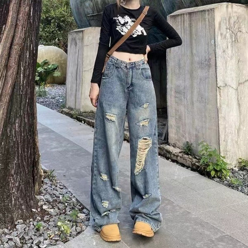 Women's Summer High-Waist Slim-Fit Straight Leg Wide Leg Jeans with Rips