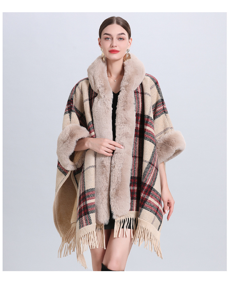 Loose and fleece thick woolen collar hooded fringe knitted shawl cape plus-size woolen coat_voghion.com