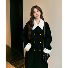 海宁皮草女2025秋冬新款气质毛毛双排扣小翻领羊毛黑色长款外套女