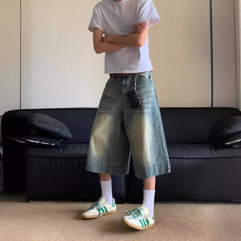 American Retro Wide-leg 7-point Denim Shorts Men's 2024 Summer New Washed Fashion Brand Straight Capri Pants Mid-length Pants American Retro Wide-leg 7-point Denim Shorts Men's 2024 Summer New Washed Fashion Brand Straight Capri Pants Mid-length Pants