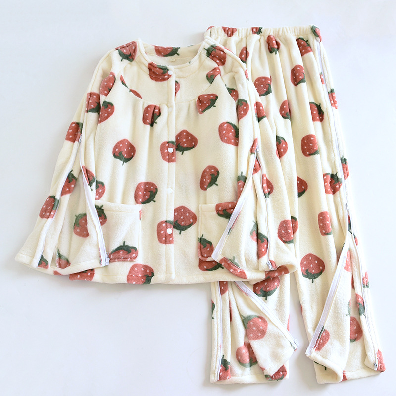 Women's Winter Flannel Warm Large Size Nursing Clothes for Acupuncture and Physiotherapy Postoperative Recovery, Easy to Put on and Take Off, Bedridden Dialysis and Chemotherapy