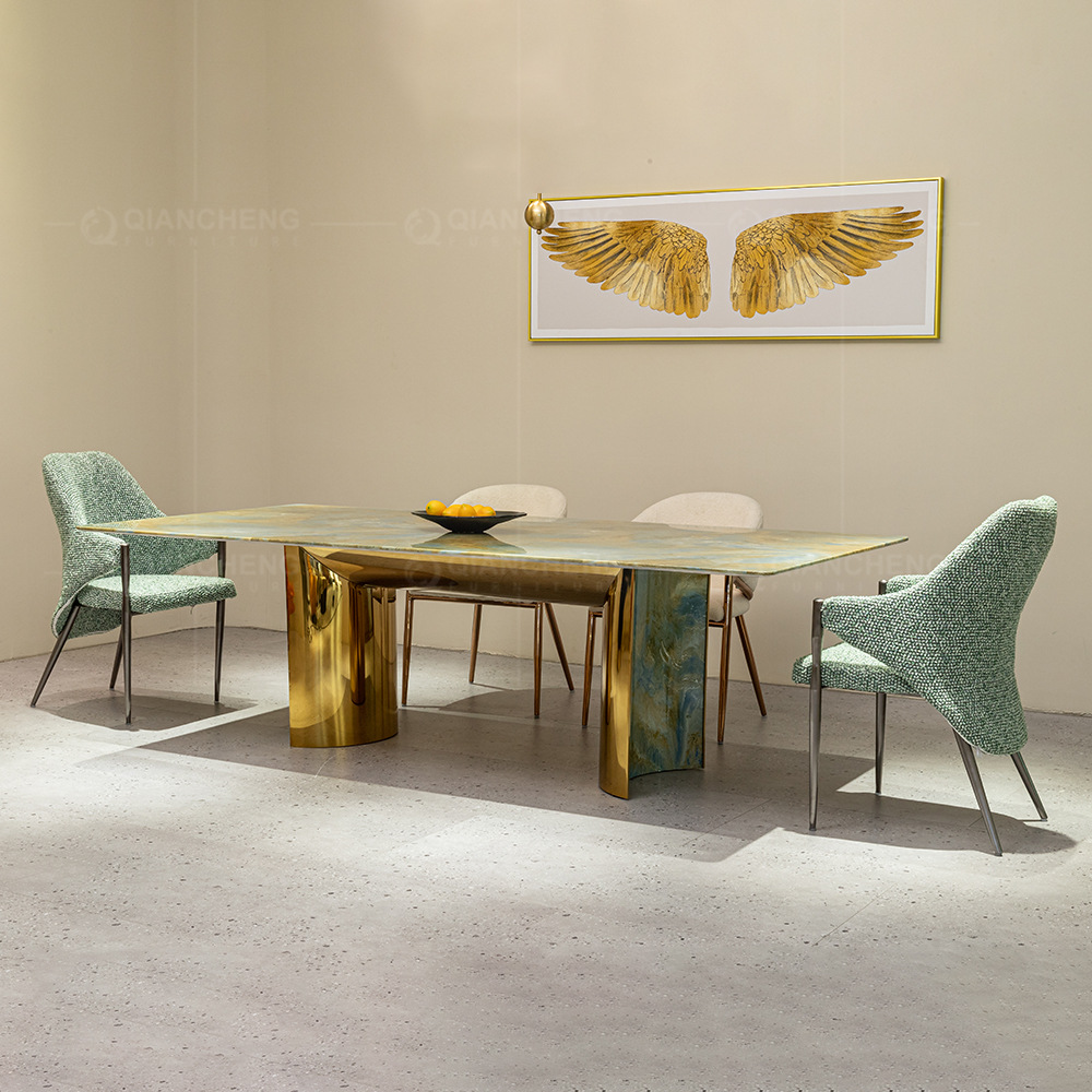 Mesa de Comedor Rectangular de Mármol y Metal, Desmontable, para Comedor