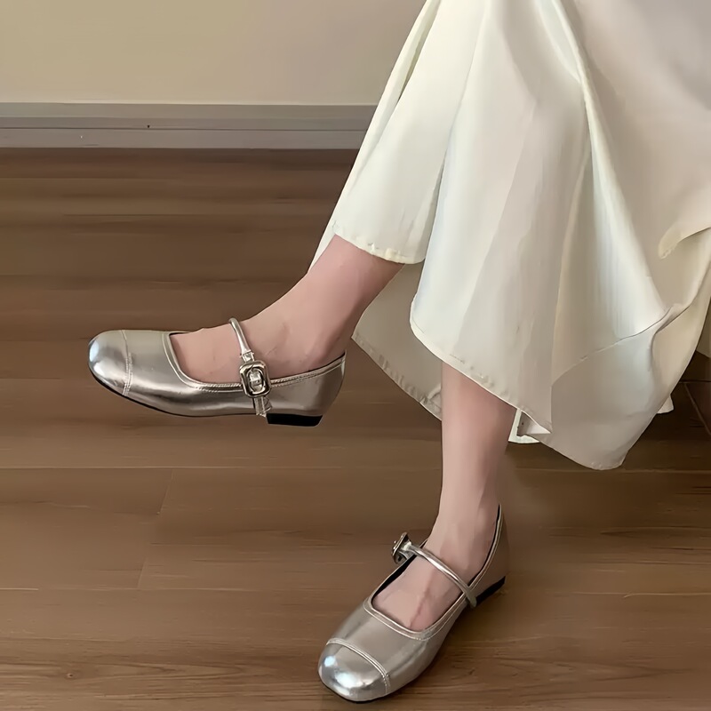 Genuine Leather silver Square Toe Soft Bottom Shallow Mouth Mary Jane Shoes Women's Leather Shoes New Spring and Autumn Single-layer Shoes with French Flat