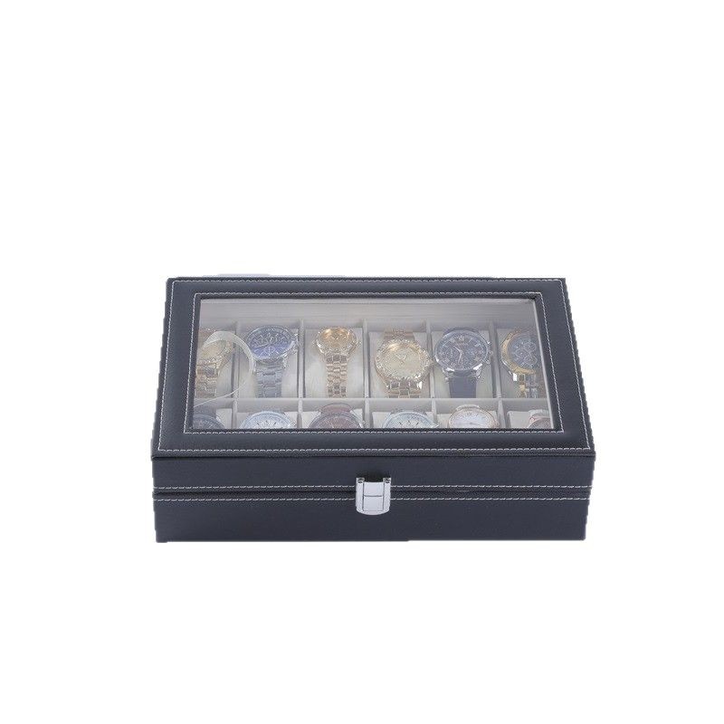 Fabricante en stock al por mayor caja de reloj PU de 12 bits con ventana de vidrio reloj caja de visualización caja de almacenamiento caja de embalaje