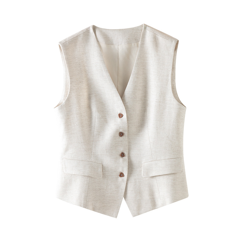 Áo vest gile nữ ngắn tay phong cách cổ điển chất liệu lanh Tencel — Gai Thật Màu