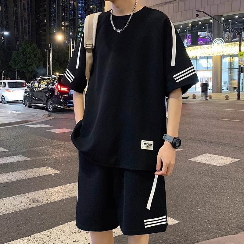 Casual Sports suit Men's Summer Youth plus size Loose Short-sleeved T-shirt Chubby Shorts with Handsome Set